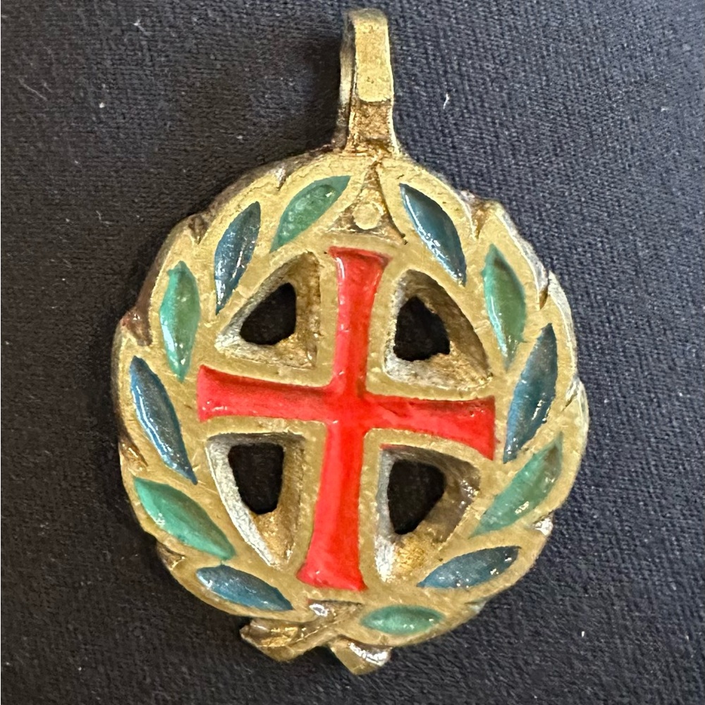 Vintage Cross Pendant with Green and Red Enamel